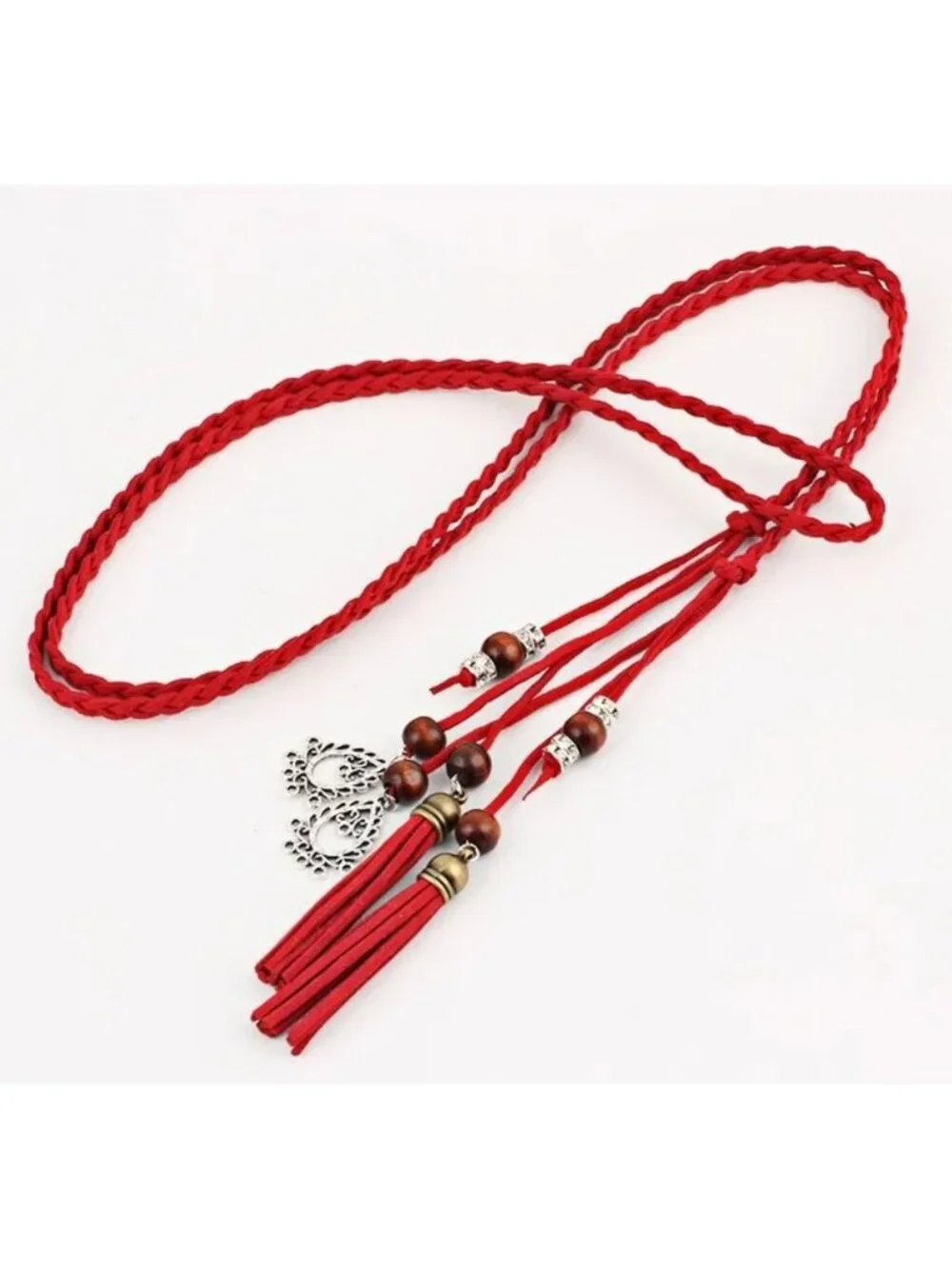 Red Braided Wrap-Around Waist Belt With Tassels & Metal Charms